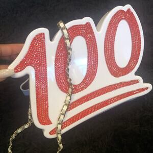 White & Red '100' Crystal Accent Crossbody Clutch